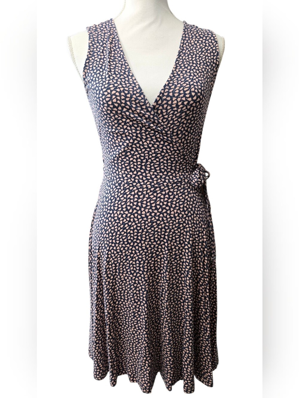 Venus Lascana Sleeveless Navy Wrap Dress with Blush Pink Print